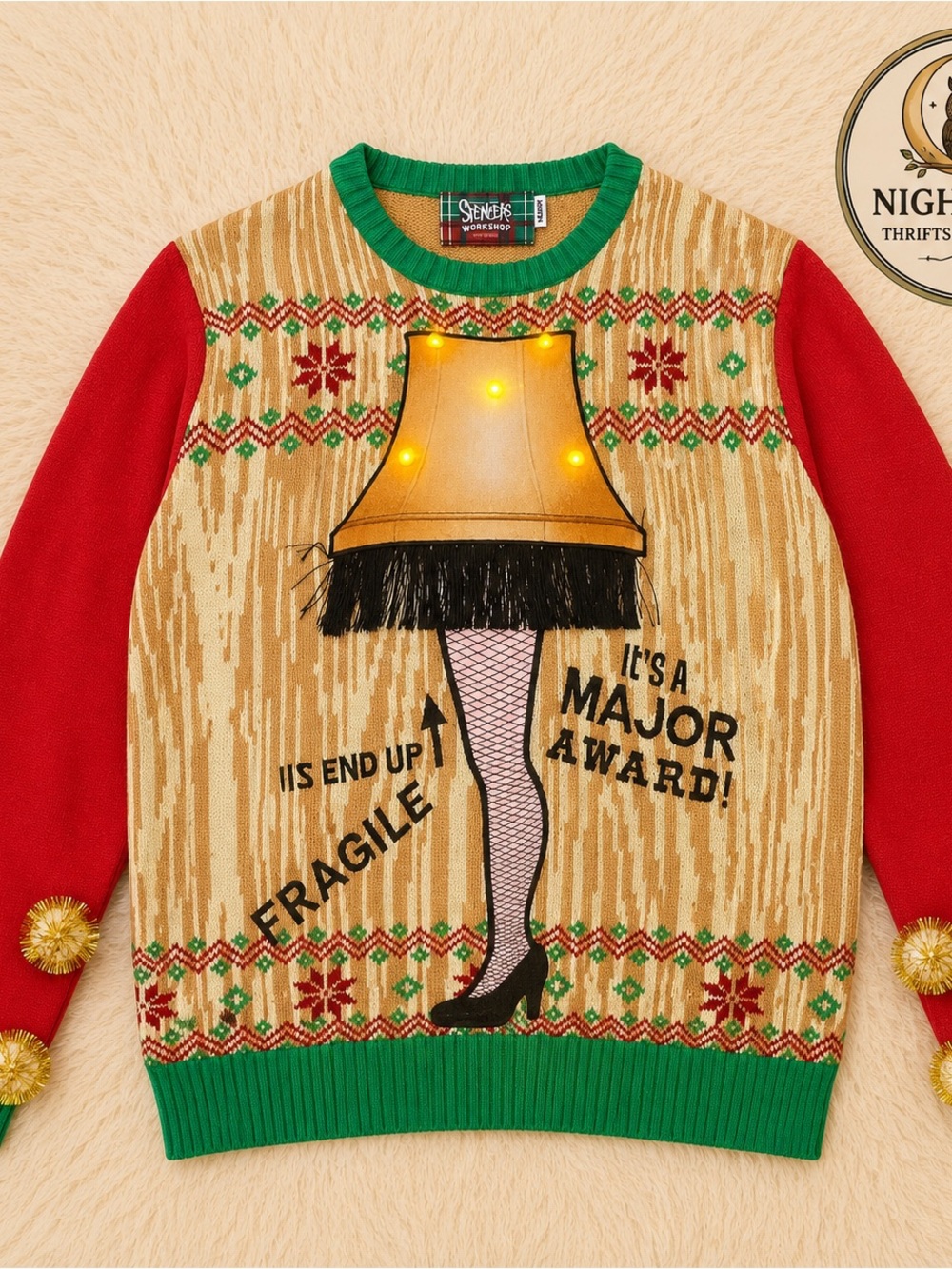Spencer’s A Christmas Story Light-Up Leg Lamp Ugly Christmas Sweater NWOT M